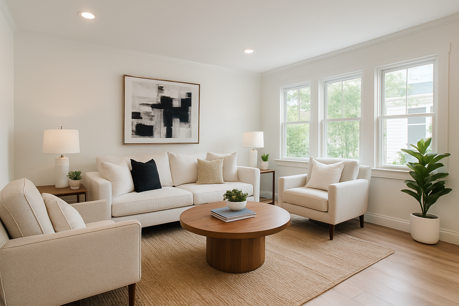 Bright, updated living room in a flipped home